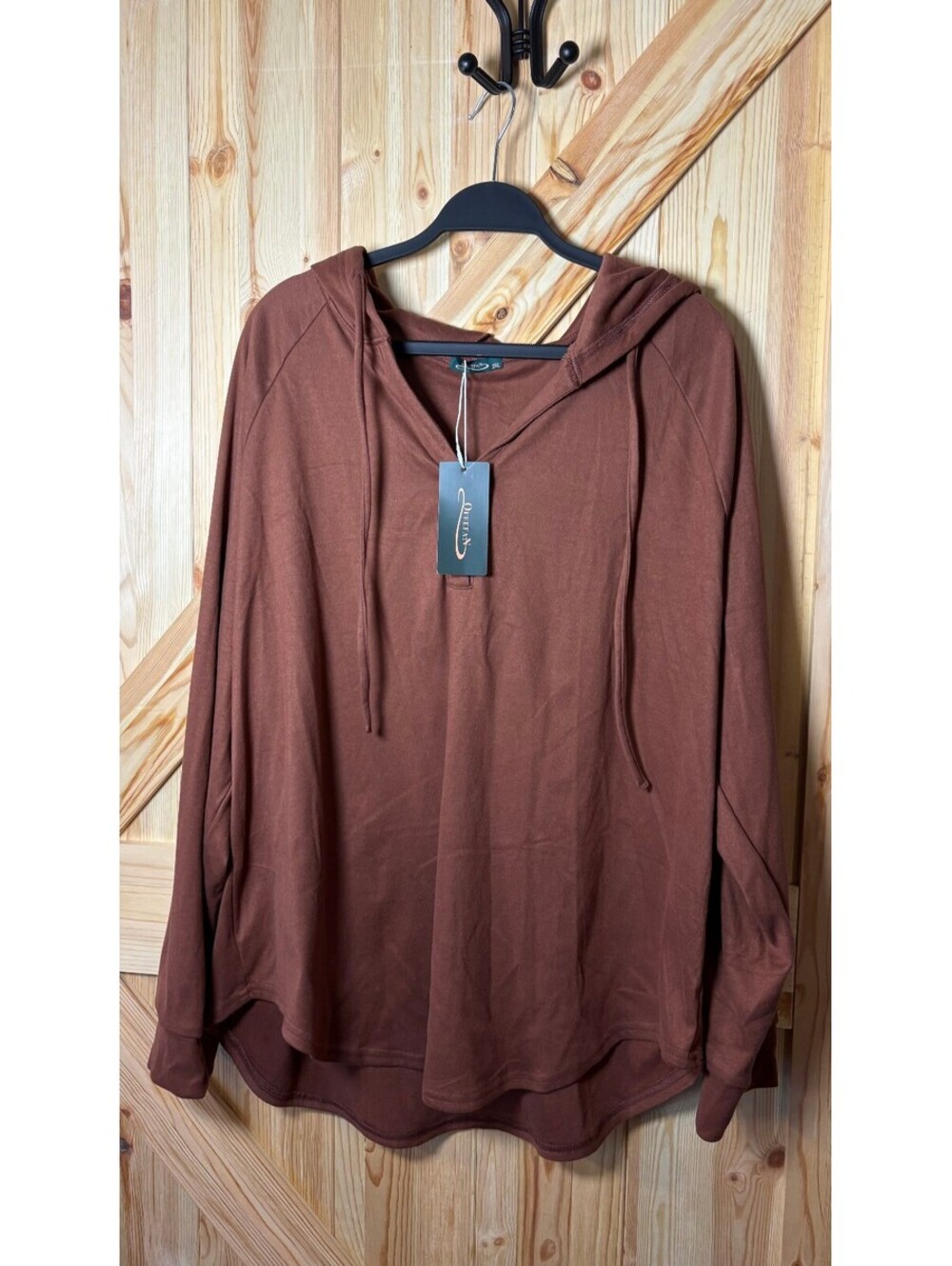 Qeefan Women's 3XL Brown Hooded Pullover Sweatshirt with Button Detail